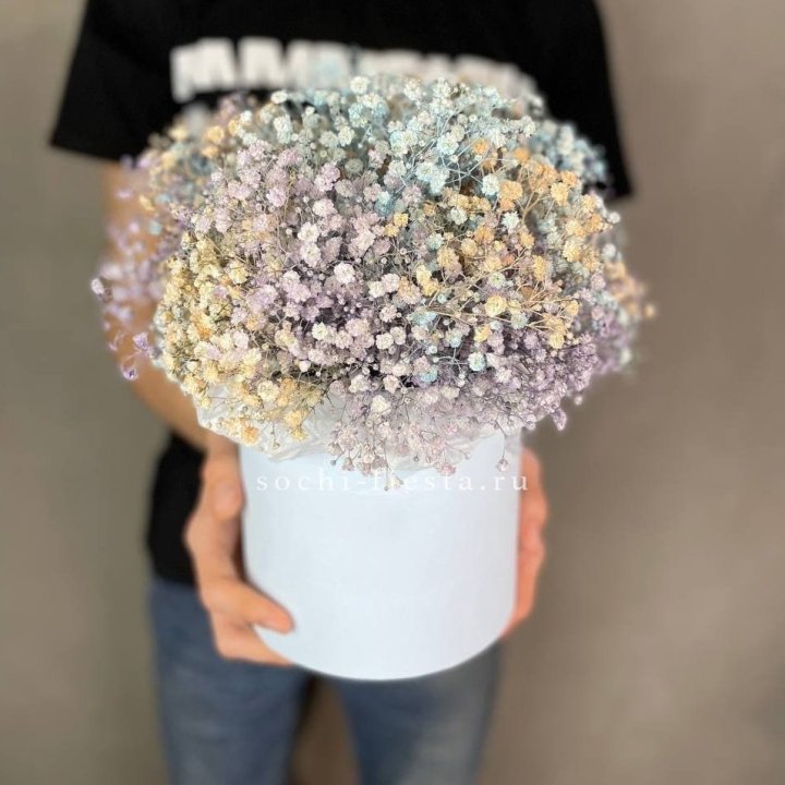 9 Радужных гипсофил в шляпной коробке в Якутске